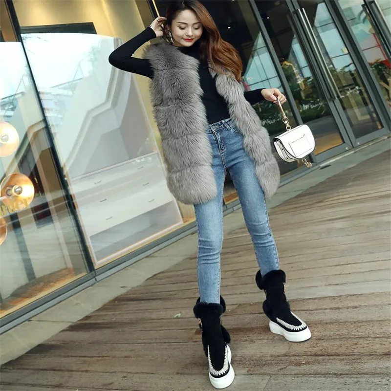Winter fur trim embellished snow boots female rabbit fur flat platform warm boots ankle long shoes women