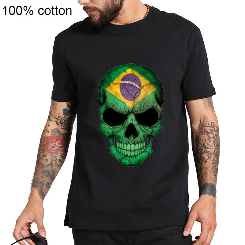 

2020 Creative lOGO Short Sleves 100% Cotton O-neck Custom Printed Tshirt Men T shirt Brazilian Flag Skull - Brazil men T-Shirts
