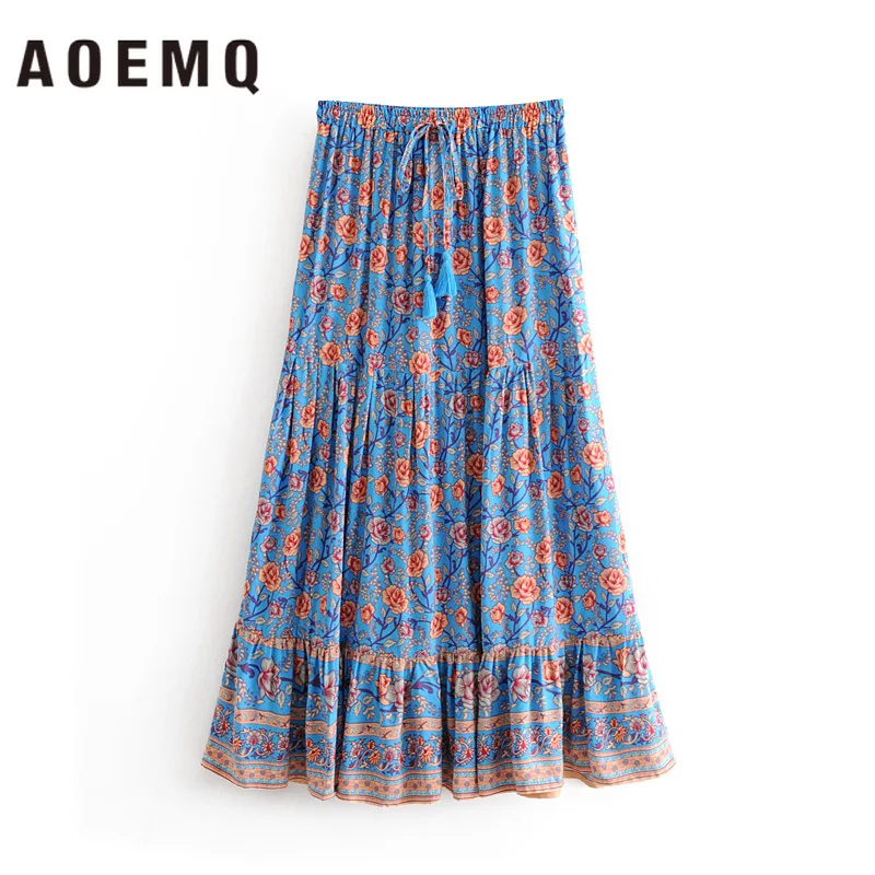 

AOEMQ Fashion Skirts Rose Print Elastic Brand Adjustable Waist Skirts Vintage Classic Women Blue Flower Skirts Women Clothing