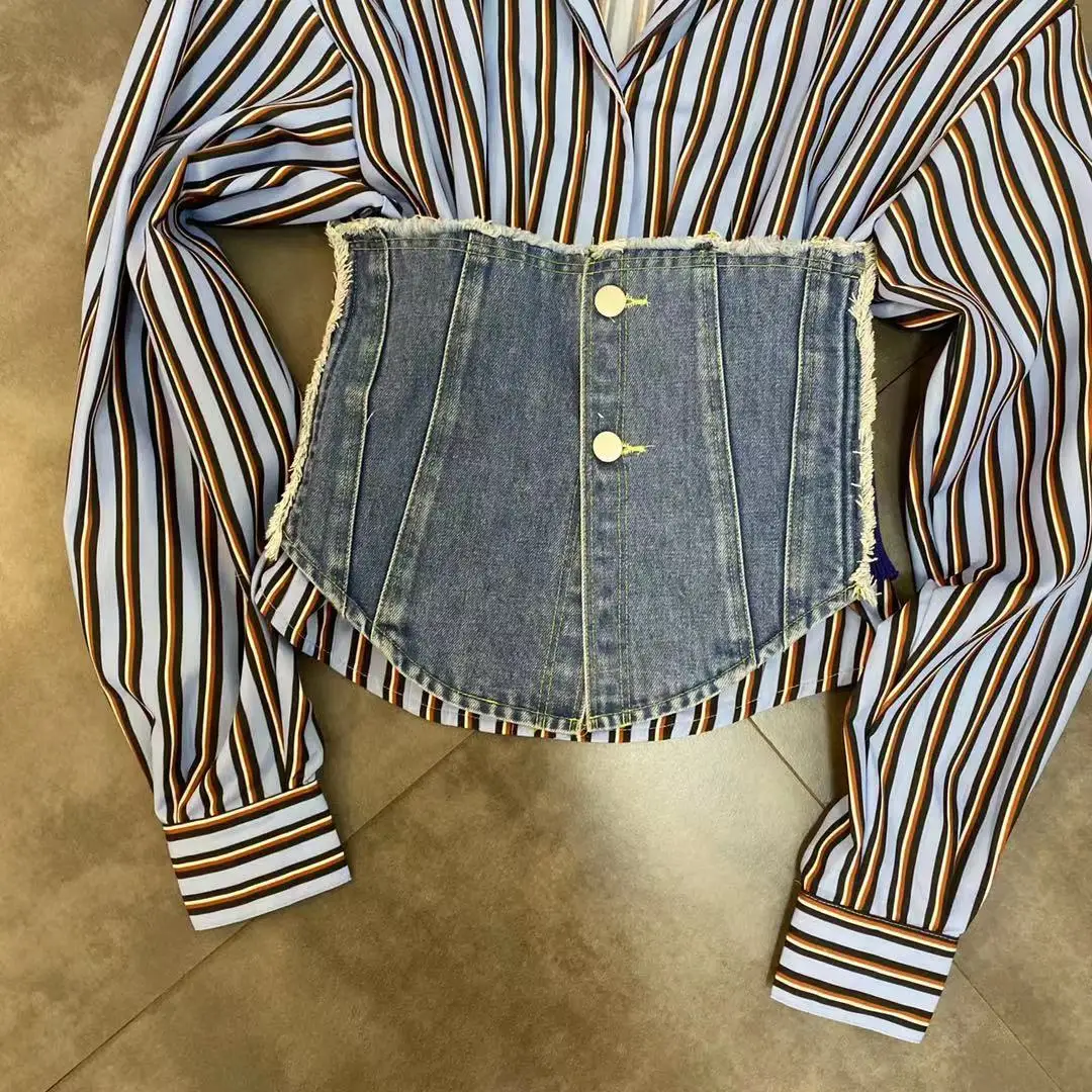 

2020 Spring New Style Fold-down Collar Long Sleeve Striped Shirt with Cowboy Girdle Two-Piece Women's Crop Top Blouse Ladies Top