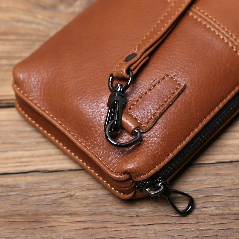 NZPJ Men's Leather Long Wallet First Layer Cowhide Zipper Clutch Bag Retro Bank Card Case Soft Leather Phone Case Coin Case