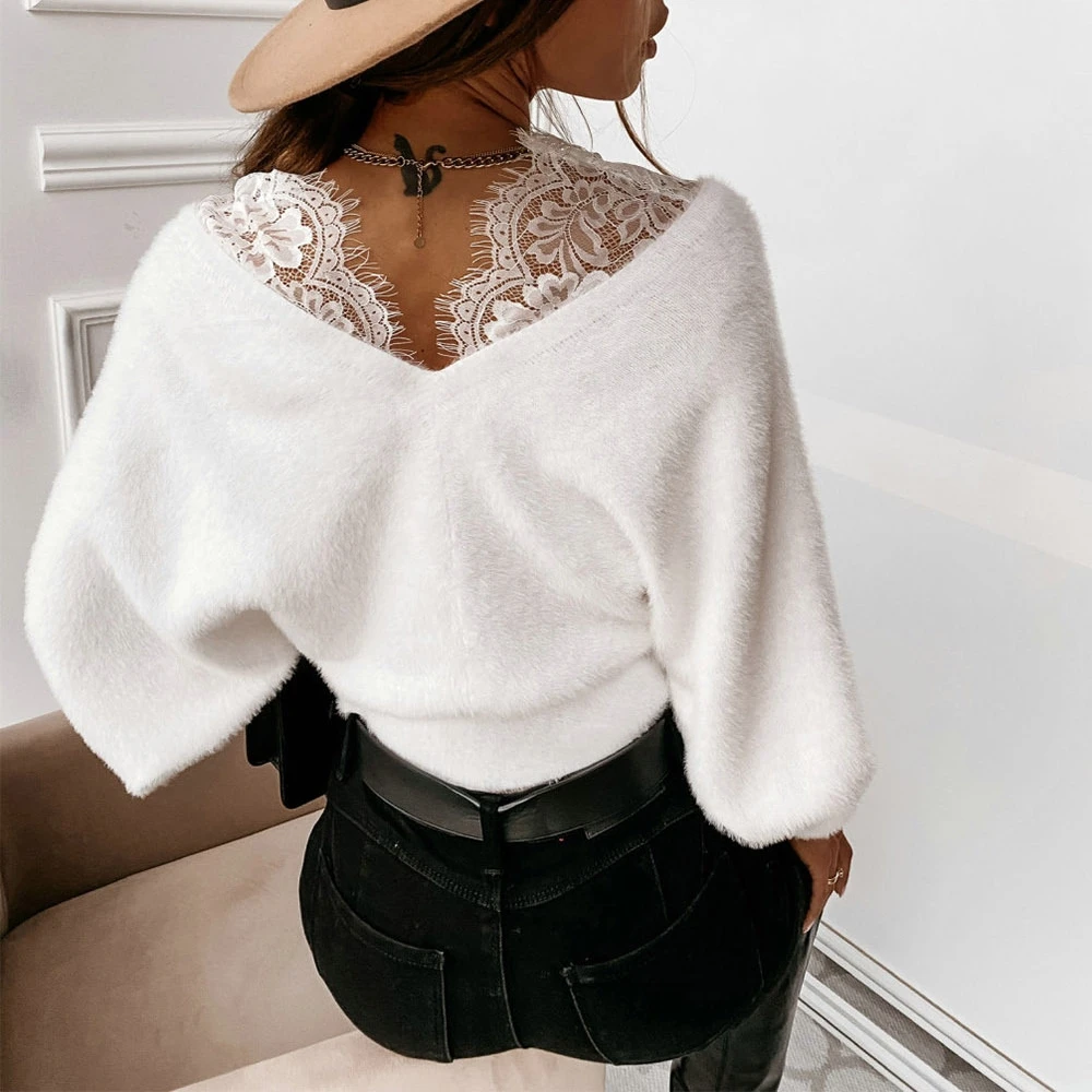 yellow sweater Fall Elegant Plush Sweater Solid Color Lace Splicing V-Neck Long Sleeve Stretch Crop Pullover Women Ladies Fashion Wild Clothes woolen sweater