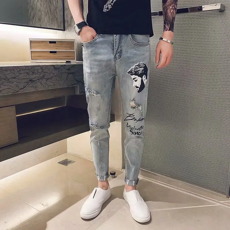 

2019 New Mens Cool Designer Brand Blue Jeans Print Skinny Ripped Destroyed Stretch Slim Fit Hop Hop Pants With Holes For Men