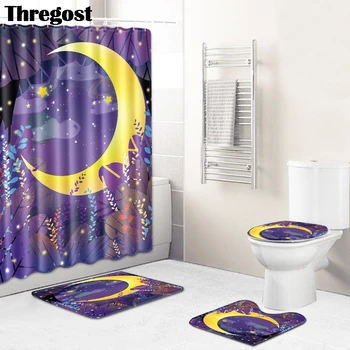 

Thregost 3 Piece Bath Mat Set Water Absorbent Mats Modern Polyester Print Bathrooms Rugs with Shower Curtain Toilet Seat Cover