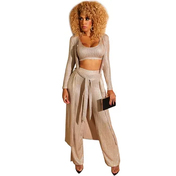 

Spring 3 Piece Outfits for Women Long Cardigan Short Vest and Loose Trouser Casual Three Matching Sets Wholesale Drop Shipping