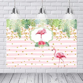 

Photography Backdrops Tropical Green Leaves Pink White Stripe Flamingo Gold Spots Flowers Custom Photo Backdrop Background Vinyl