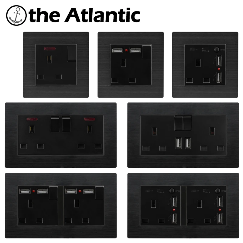 UK Power Socket Black Metal Aluminum Alloy Frame 13A With USB Wall