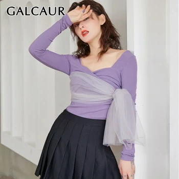 

GALCAUR Patchwork Mesh Irregular T Shirt Female Square Collar Long Sleeve Slim Casual Shirts Women 2020 Autumn Fashion Clothes