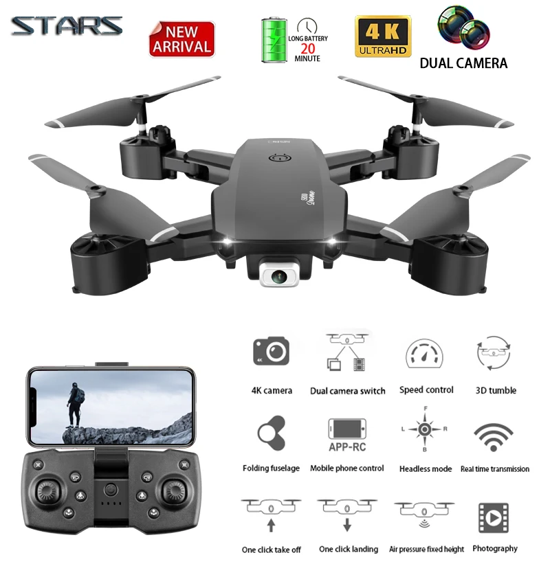 Dron teledirigido con Wifi y cámara gran angular Hd 4k/1080p, Drone cuadricóptero de control remoto con brazo plegable y modo de retención alta, modelo Stars S009