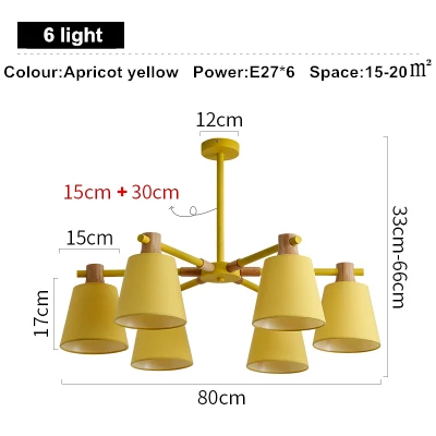 Нордическая E27 люстра, современная деревянная люстра для дома, столовой, гостиной, Подвесная лампа, железные художественные светильники - Цвет абажура: Apricot yellow 6 lig