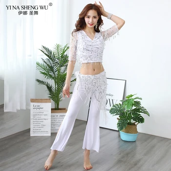 

New Female Belly Clothing Suit Sexy Circular Collar Of The Top Long Skirt Pants Hip Tassel Dancer BellyDancing Practice 3pcs/Set