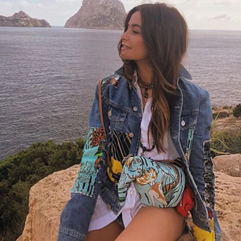 

YAMDI Boho female jacket autumn wintage cartoon pattern qppliques Embroidery long sleeve coat outerwear denim jacket for women