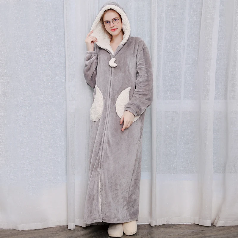 Women Moon Grey Теплый фланелевый Халат больших размеров для мужчин и женщин, длинный теплый флисовый банный халат со звездой и луной, ночная одежда с капюшоном, ночная одежда для сна - Цвет: Women Moon Grey
