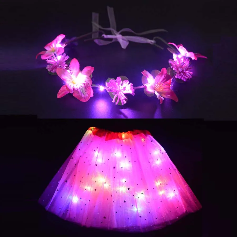 dark pink 2 предмета, светодиодный светильник, Детский костюм сказочной принцессы для девочек яркая одежда для сцены светящийся цветочный венок ободок, юбка-пачка со звездами - Цвет: dark pink