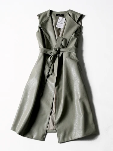 Зеленый Gagarich Женский Тренч без рукавов, однотонный модный приталенный Тренч с v-образным вырезом и поясом, Осень-зима, длинный Тренч из искусственной кожи - Цвет: Зеленый