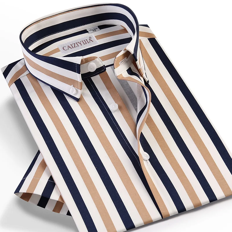 Men's Fashion Multi-Color Striped Short Sleeve Shirts Pocket-less Design Button-down Standard-fit Summer Style Casual Tops Shirt Men's Fashion Multi-Color Striped Short Sleeve Shirts Pocket-less Design Button-down Standard-fit Summer Style Casual Tops Shirt