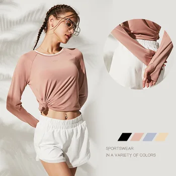 

Autumn sports Long Sleeve shirt Thumbholes Women Running T-shirt Breathable Coverage Training or Yoga leisure Tees Leisure Fitness Clothing Woman Top