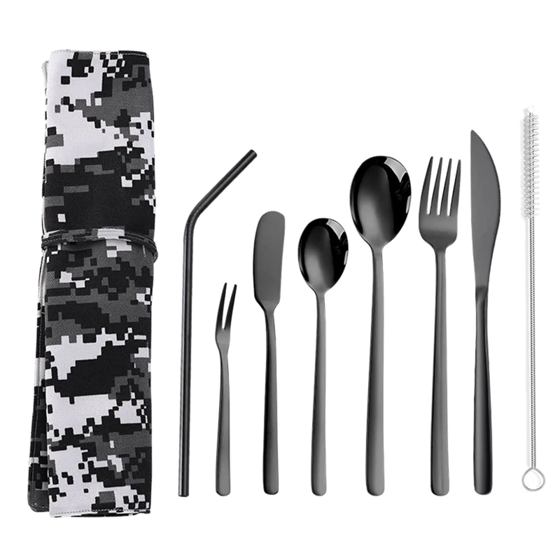 ABSS-8-Piece столовые приборы из нержавеющей стали, серебряные столовые приборы, набор для 1, набор посуды для путешествий на открытом воздухе
