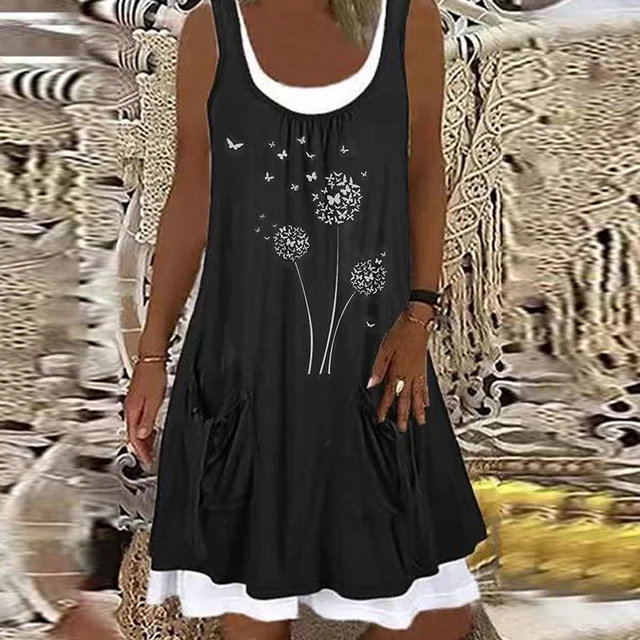 Summer Patchwork Short Dress Women 2021 Casual O Neck Pocket Party Dress Ladies Sleeveless Loose Beach Dresses Plus Size 12