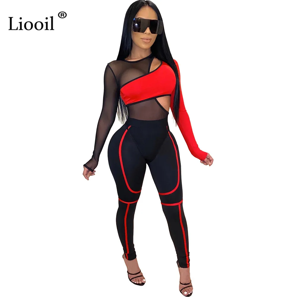 Liooil, комплект из 2 предметов с цветными блоками, в сетку, в полоску, боди и штаны,, открытые, прозрачные, вечерние, сексуальные Клубные наряды для женщин, наборы