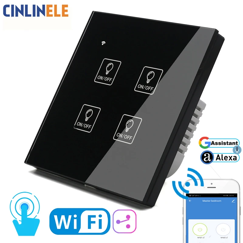 

WIFI Touch Light Switch Black Glass Panel Blue LED EU & UK Universal Smart Home Phone Control 1 - 4 Gang 2 Way & more 90-240V