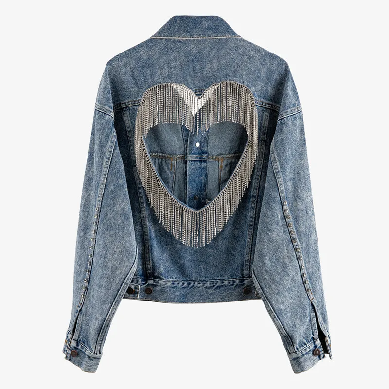

YUZACDWX High Quality Sexy Backless Heart Shape Hollow Out Fringe Denim Jacket Women Long Sleeve Loose Tassel Jeans Coat mujer