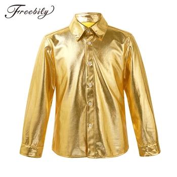

Kids Boys Leather Metallic Long Sleeve Disco shirt Choir Jazz Dance Costume Child Stage Performance Hiphop Dance Top Rave Outfit