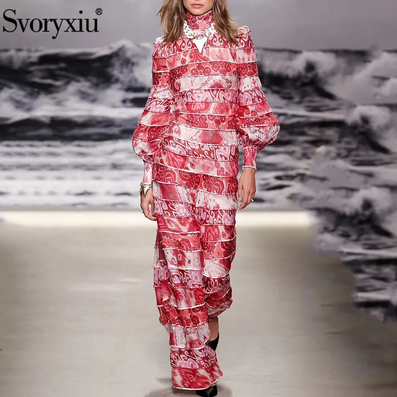 

Svoryxiu Designer Fashion Spring Summer Lantern Long Sleeve Long Dress Women's Stand Collar Print Elegant Party Dresses 2020