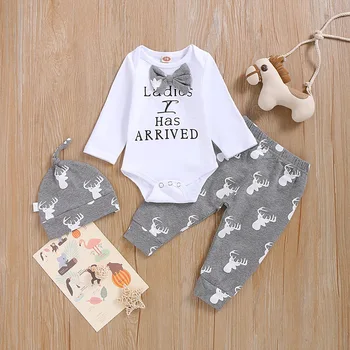 

Autumn 3pcs Newborn Clothes Set Baby boy Outfit white Long Sleeve letter Jumpsuit +deer Pants + hats Baby boy clothing sets