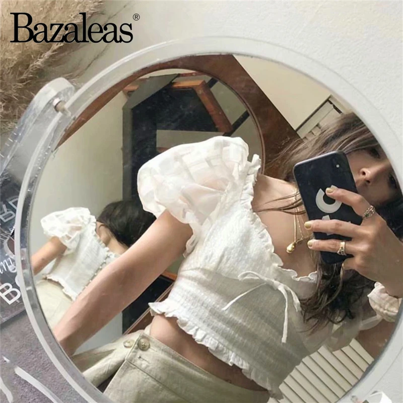 Bazaleas шикарный сетчатый тартан с пышными рукавами Топы и блузки белый жемчуг пуговицы укороченный Топ Винтаж укороченный Топ Блузка хараджуку