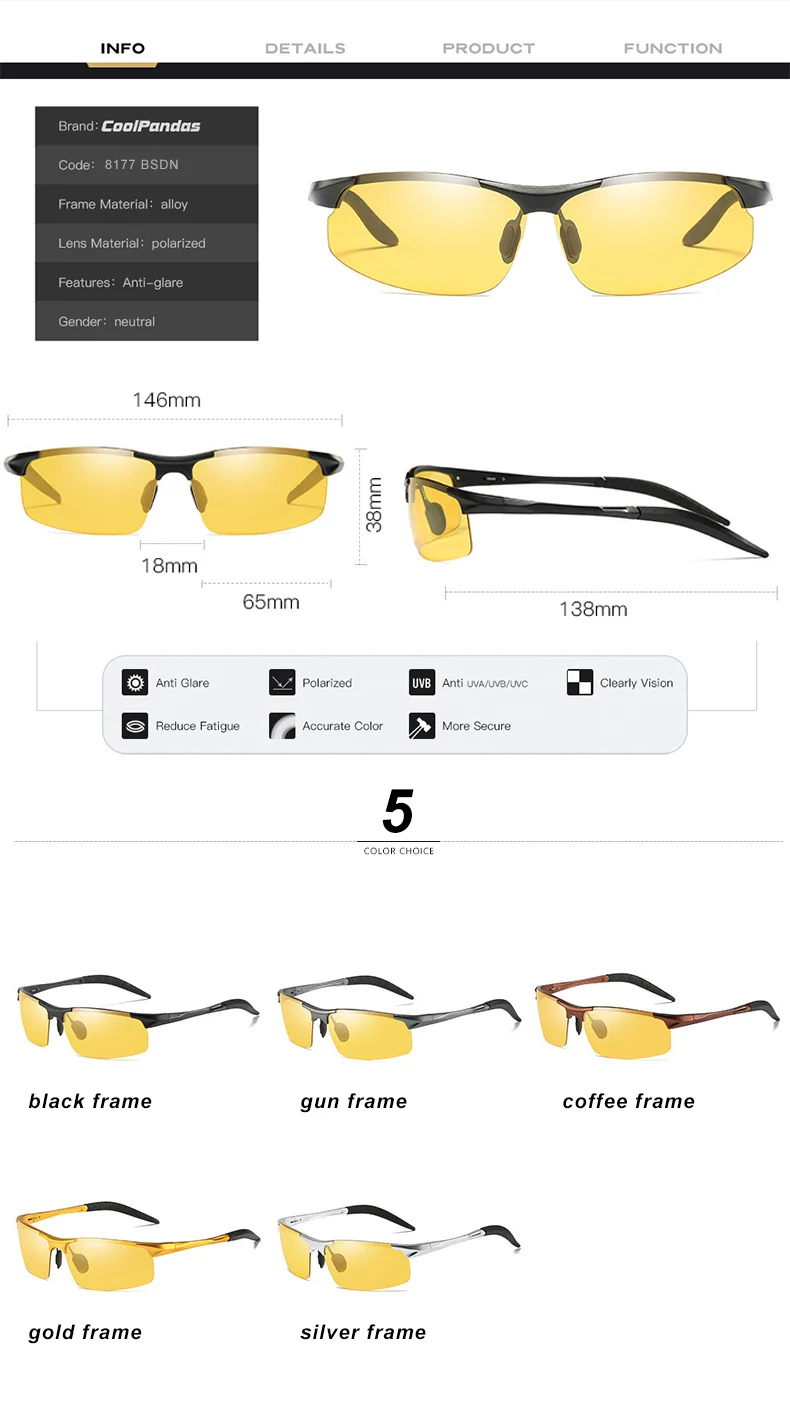 CoolPandas желтые линзы Сменные коричневые фотохромные солнцезащитные очки мужские поляризованные очки ночного видения для вождения Oculos zonnebril heren