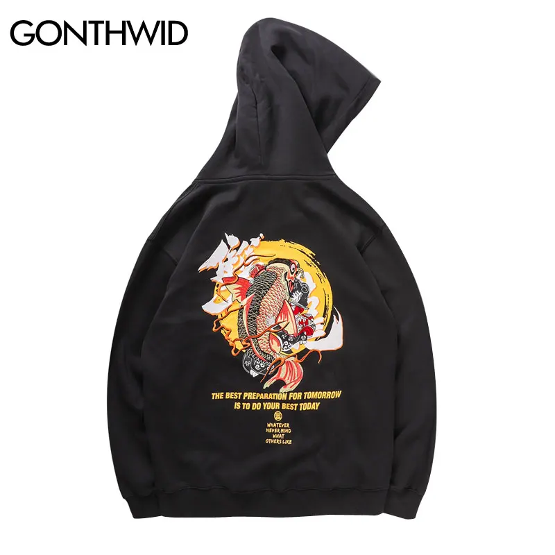 GONTHWID Harajuku вышитые карп кои рыба японский девушка печати толстовки модные хип хоп