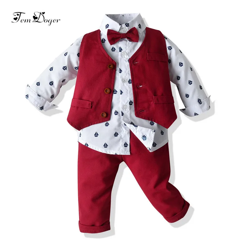 Tem Doger 2020 Autumn Baby Boys Clothes Set Tie Shirts+Pants+Vest 3PCS Newborn Boy Gentleman Outfits Suit |