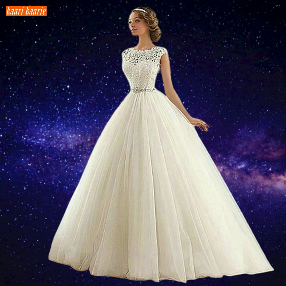 

Fashion Ivory Wedding Gowns Long O Neck Lace Appliqued Tulle Ball Gown Bride Dresses White 2020 Custom Made Bridal Dress On Sale