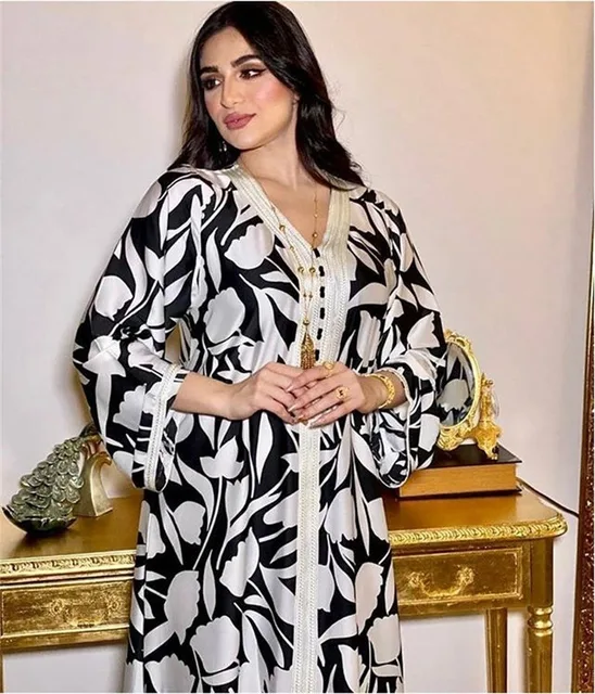 Ethnic Abaya Dress for Women Elegant Ribbon V Neck Long Sleeve Loose Plus Size Moroccan Turkey Arabic Muslim Clothes 2