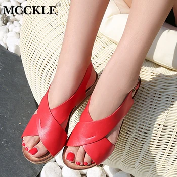 

MCCKLE Women Wedge Sandals PU Buckle Strap Flats Platform Shoes Woman Open Toe Vintage Ladies Beach Fashion Female Shoes Summer