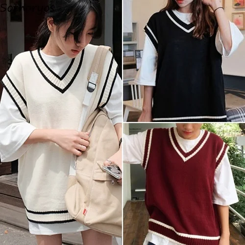 Vest Women Striped V-Neck Daily Knitted Stylish Students Korean Style Sleeveless Outwear Female Coats All-match Leisure Ulzzang | Женская