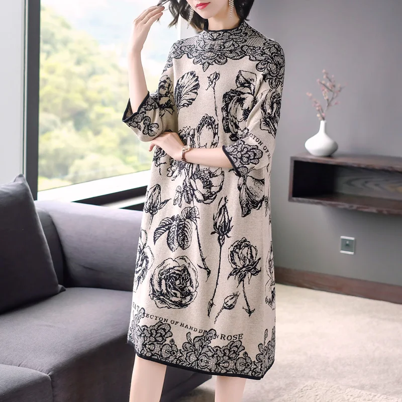Vintage Floral Midi Dresses Autumn Winter New Female 3XL Plus Size Long Sleeve Dress Elegant Women Bodycon Party Vestidos