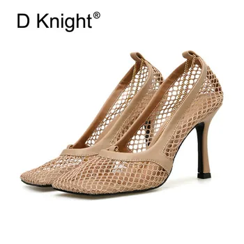 

New 2020 Summer Shoes Women Square Toe Hollow Out Mesh Pumps High Heels Ankle Chain Decor Shoes Black Sexy Slip On Pumps Woman