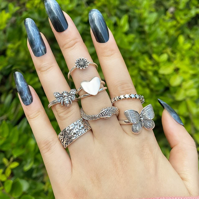 6Pcs Vintage Gothic Butterfly Angle Flower Multi Element Ring Set For Women Men Retro Personality Finger Ring Gifts LY54927