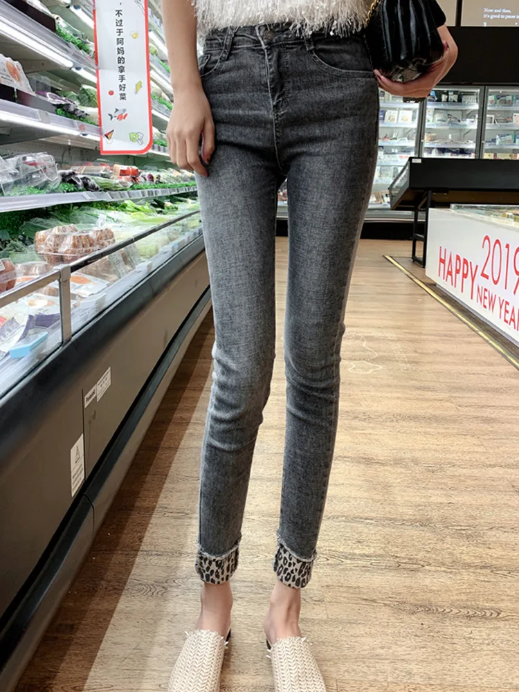 

JUJULAND pencil pants woman casual jeans Leopard ankle denim pants high waists jeans 1034