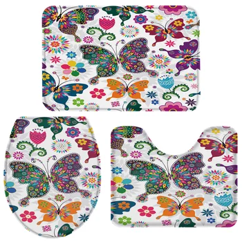 

3 Pieces Bathroom Set Butterfly Flower Floral Bath Set Toilet Cover Mat Pedestal Rug Non-Slip Bathroom Rug Set