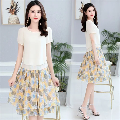 

2019 Summer Wear New Style Korean-style Elegant Slim Fit-Style Floral-Print Chiffon Dress Two-Piece Set Short Skirt Set