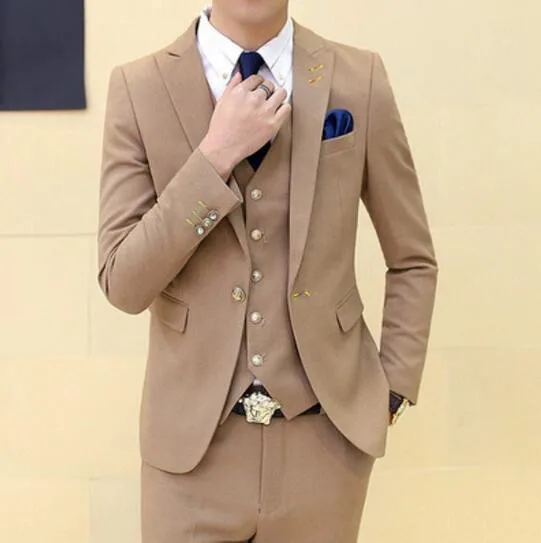 

Fashion 3 Pieces(Jacket+Pants+Vest) Brown Mens Formal Suits Tuxedos Blazers Suits Peak Lapel Custom Made Best Men Grooms