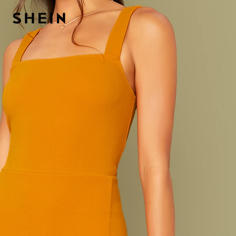 SHEIN ярко-желтый сплошной сплит подол сексуальный толстый ремень платье без пояса женщины осень без рукавов ночной выход Bodycon платья