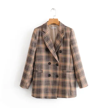 

VomVoa 2020 Spring New Retro Double Breasted Loose Casual Temperament Long Sleeve Plaid Small Suit 27376