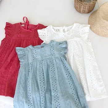 

WLG Girl Dress Kids Summer Short Sleeve Ruffle White Blue Red Dresses Baby Girl Cute Dress