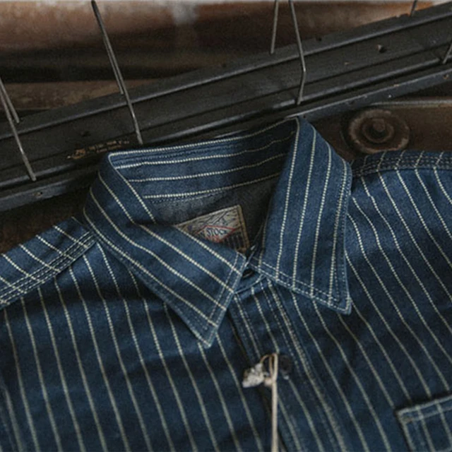 Non Stock 9oz Wabash Cotton Vent Hole Worker Shirt Casual Vintage Denim Striped Work-Shirts 3