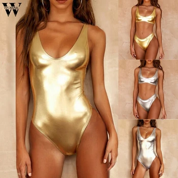 

Womail Two One Piece Swimwear Women 2020 Push up Monokini Bikini Swimsuit Shiny Metallic Bathing Suit Thong Beach Triangle