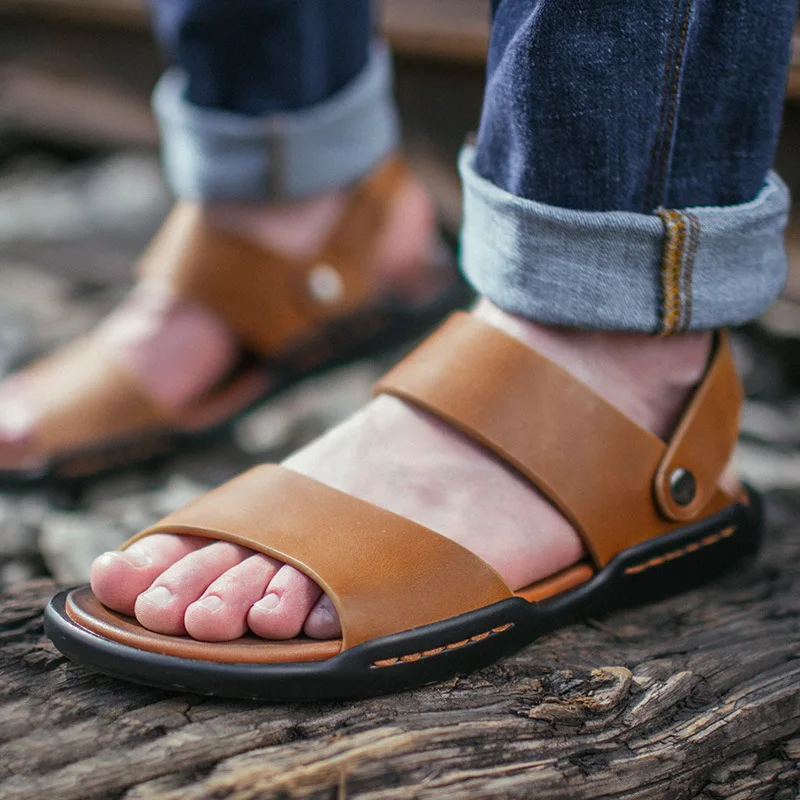 Модные повседневные сандалии-гладиаторы из натуральной кожи для мужчин; классические пляжные сандалии на плоской подошве; Прошитые однотонные сандалии; Sandale Homme
